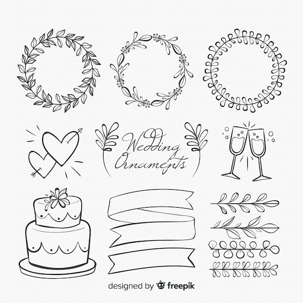 Colección de adornos de boda dibujados a mano