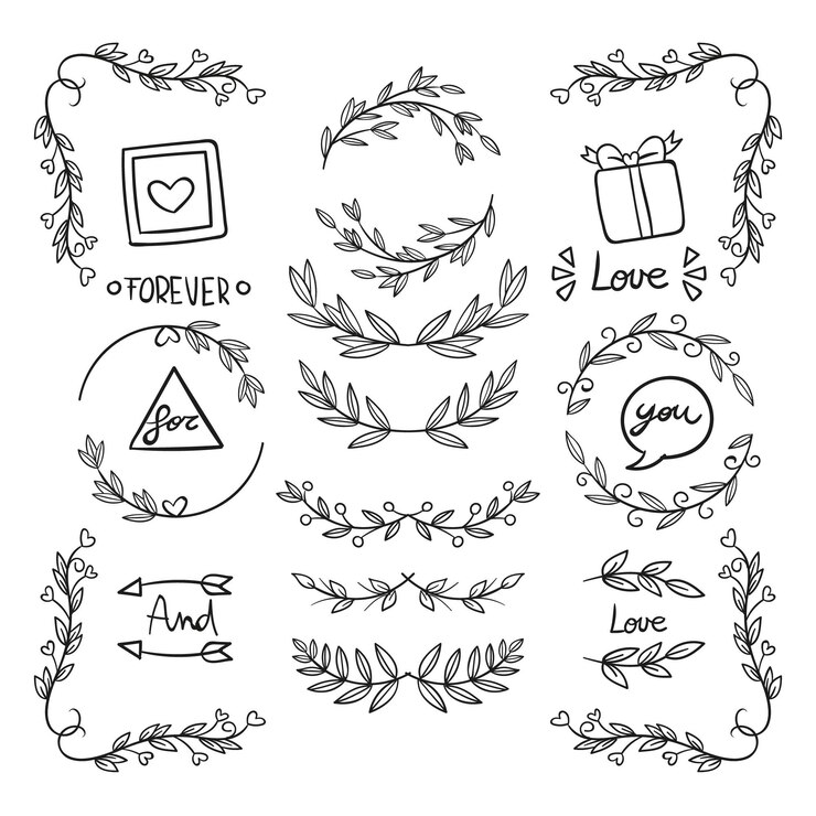 colección de adornos de boda dibujados a mano