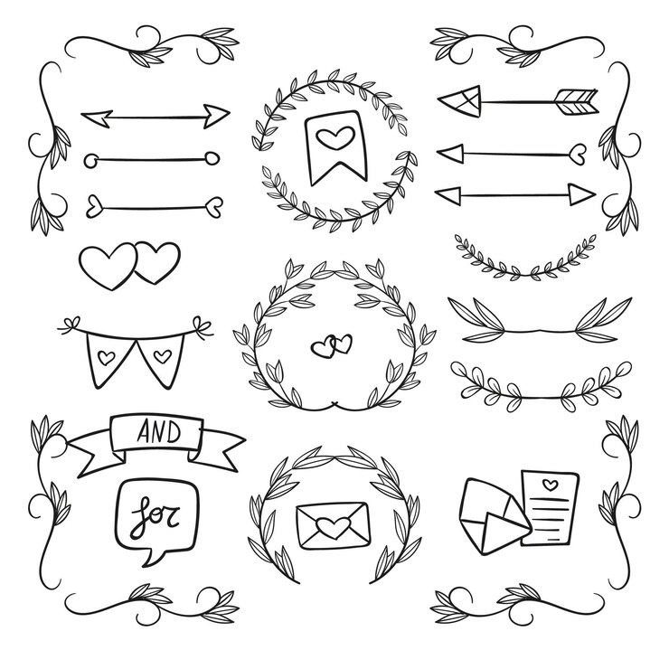 colección de adornos de boda dibujados a mano