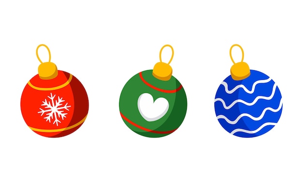 Colección de adornos de bolas de Navidad planas dibujadas a mano por vectores