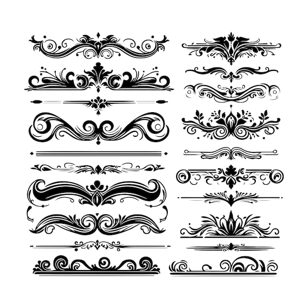 Colección de adornos decorativos negros Conjunto de bordes vectoriales antiguos caligrafía