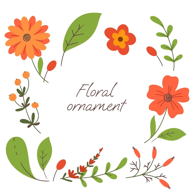 Colección de adornos florales de inscripción de flores planas en estilo de dibujo a mano