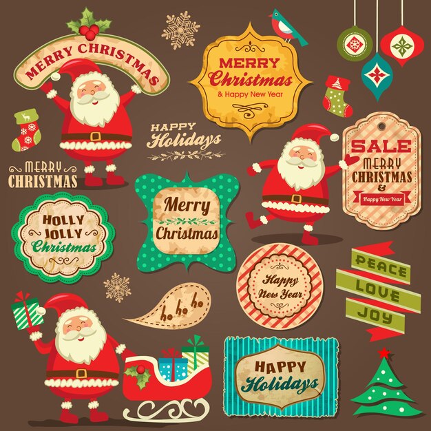 Vector colección de adornos navideños y elementos decorativos, marcos antiguos, etiquetas, pegatinas