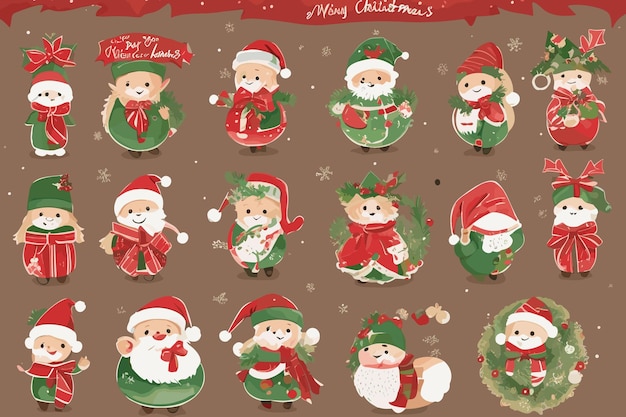 una colección de adornos navideños con un fondo rojo con un borde rojo.