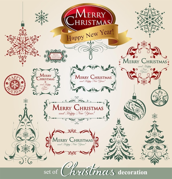Colección de adornos navideños ornamentales en estilo vintage.