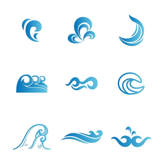 Colección de agua o wafe logotipo de color azul e íconos de silla plana