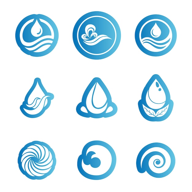 Colección de agua o wafe logotipo de color azul e íconos de silla plana