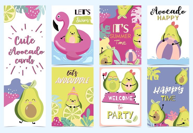 Vector colección de aguacate verde con hoja, limón, inflable y bola.