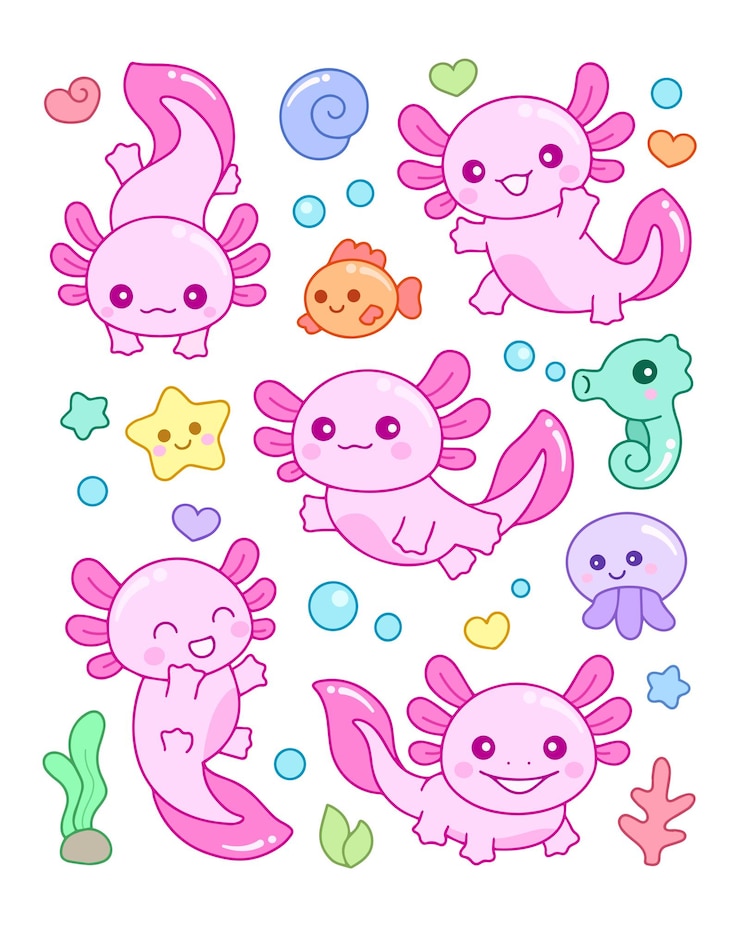 Vector la colección de ajolote de kawaii axolotl es muy bonita.