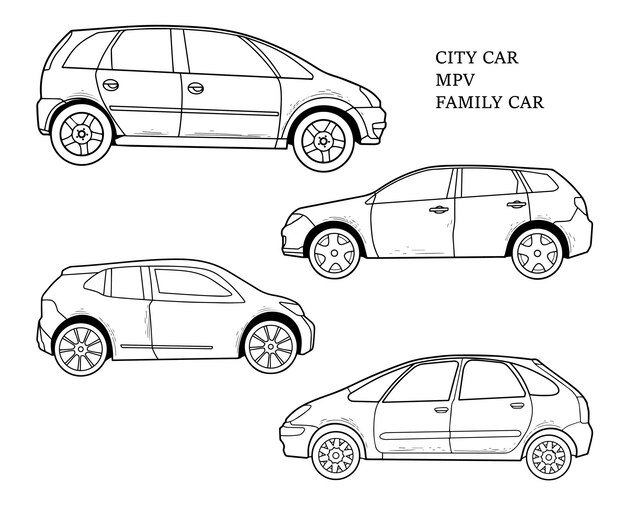 Vector colección al lado del mpv city car sketch aislado en un fondo blanco