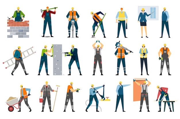 Vector colección de albañil y reparador de trabajadores de la construcción de edificios. vector, de, construcción, edificio, trabajadores, conjunto, ilustración