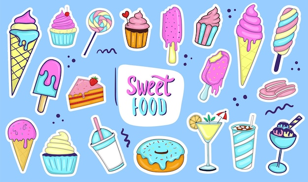 Colección de alimentos dulces coloridos dibujados a mano