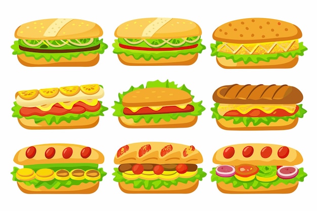 una colección de alimentos que incluyen hamburguesas y hamburgueses