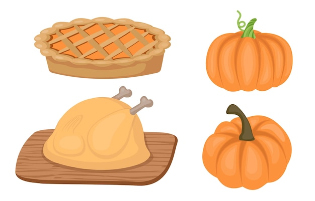 Colección de alimentos temáticos de otoño de carne de pollo de calabaza vegetal y pastel de calabazo de postre