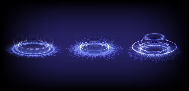 Colección de alta tecnología digital de ciencia ficción en la interfaz de elementos HUD brillantes Portal de holograma de tecnología futurista de ciencia Puerta de urdimbre mágica en el juego de fantasía Podio de teletransporte de ondas sonoras y radio musical