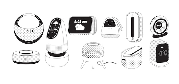 Colección de altavoces inteligentes modernos, cada uno diseñado con características únicas en un color monocromático