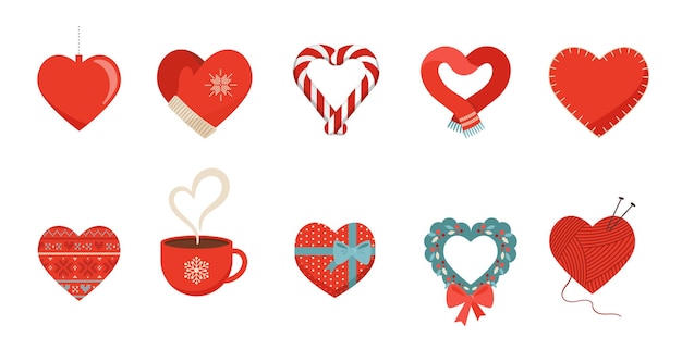 Colección de amor de invierno de iconos de concepto elementos con corazones rojos en diferentes formas bufanda copa regalo