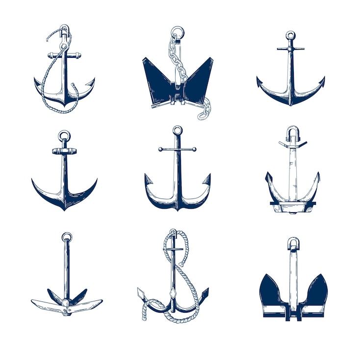 Vector colección de anclas náuticas de varios tipos dibujadas a mano con líneas de contorno azul marino sobre fondo blanco. ilustración de vector decorativo monocromo en estilo antiguo elegante para logotipo, tatuaje