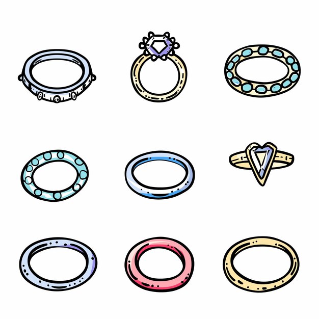 Colección de anillos coloridos joyería ilustración vectorial aislado fondo blanco compromiso