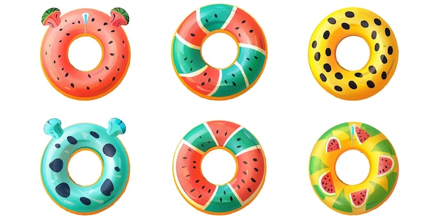 Una colección de anillos de natación inflables al estilo de dibujos animados en varias formas y colores