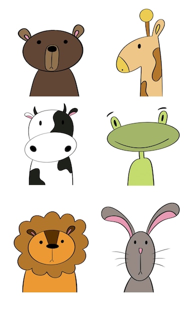 Vector colección de animales conjunto sencillo de personajes animales conejo león oso jirafa vaca rana