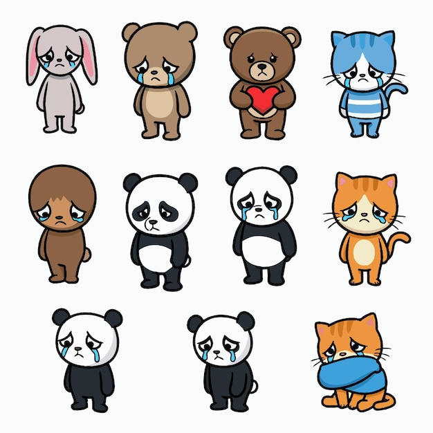 Colección de animales de dibujos animados lindos y tristes que lloran con lágrimas
