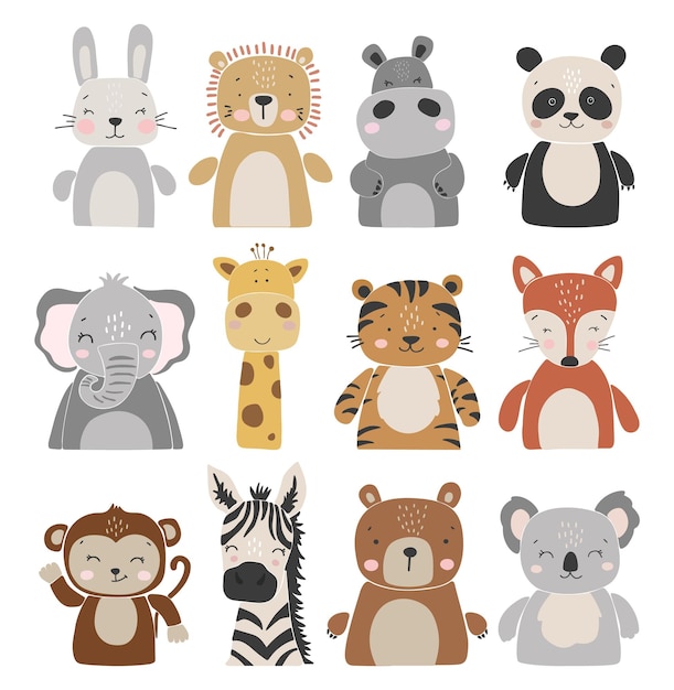 Una colección de animales con diferentes personajes, incluido un tigre, una jirafa, un elefante, un mono, un panda.