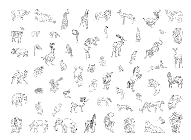 Colección de animales en estilo lineal.