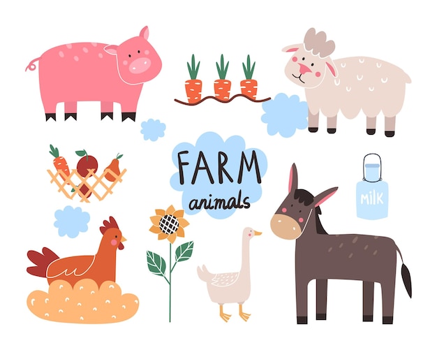 colección con animales de granja cerdo oveja burro pollo ganso