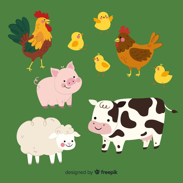 Colección de animales de granja en diseño plano