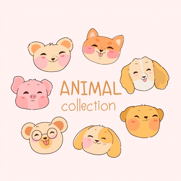 Coleccion de animales kawaii dibujados a mano