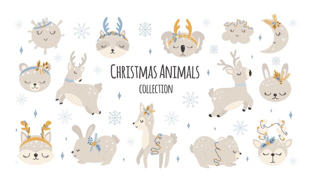 Colección de animales lindos de navidad ilustraciones de feliz navidad de conejito oso con accesorios