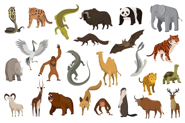 Colección de animales lindos vector. animales dibujados a mano que son comunes en asia. conjunto de iconos aislado sobre un fondo blanco.