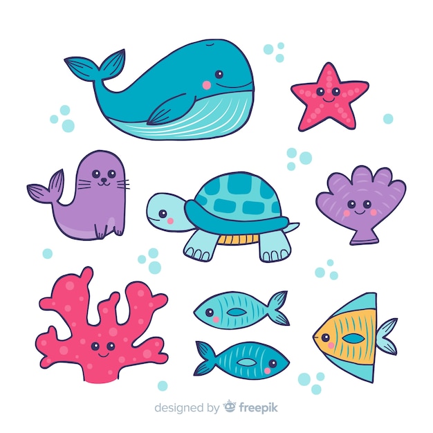 Vector colección animales marinos dibujados a mano