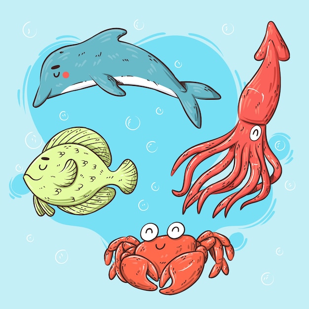 Vector colección animales marinos dibujados a mano