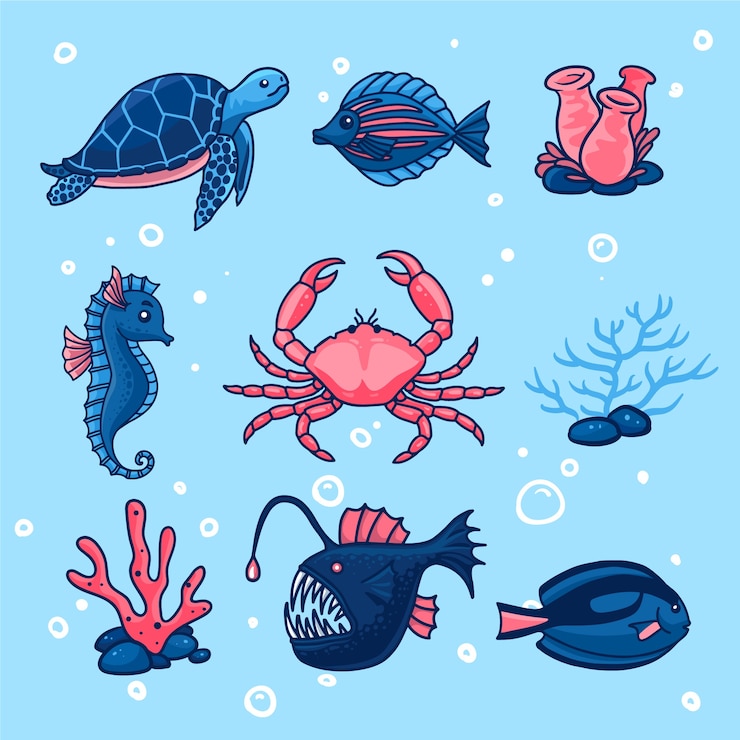 Vector colección de animales marinos de diseño plano dibujados a mano