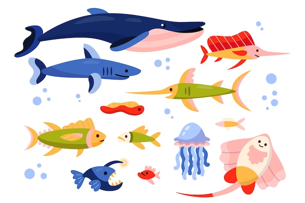 Vector colección de animales marinos de diseño plano dibujados a mano