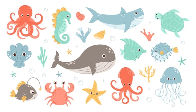 Colección de animales marinos de diseño plano