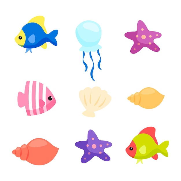 Colección de animales marinos vectoriales sobre un fondo blanco