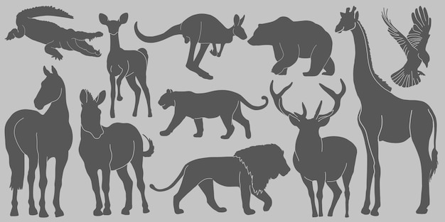 Una colección de animales que se recortan sobre un fondo gris.
