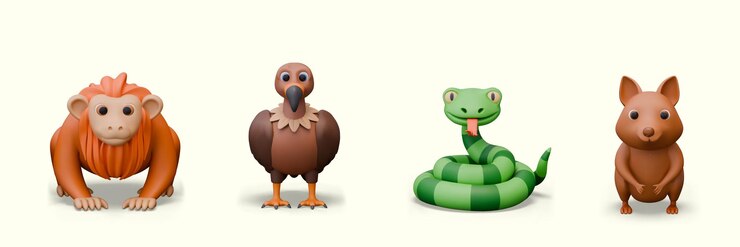 Vector colección de animales salvajes exóticos en estilo 3d uakari buitre serpiente quokka