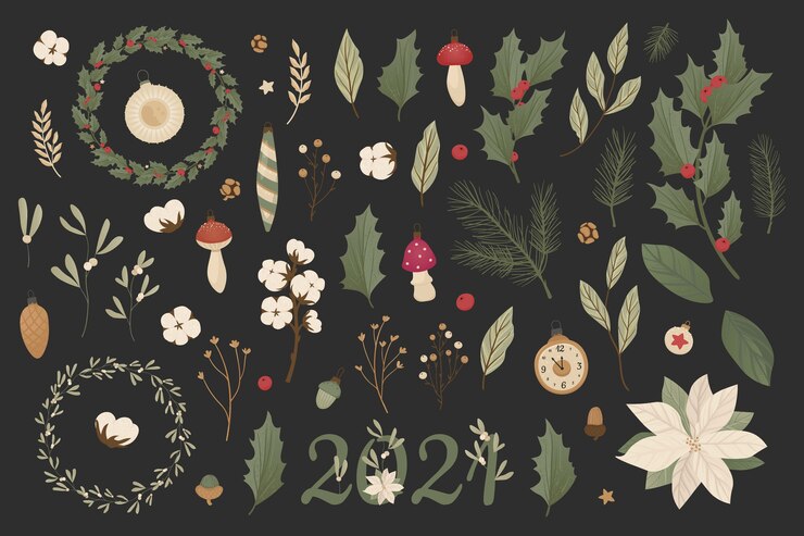 Vector colección de año nuevo con ramas de árboles de navidad realistas, conos de abeto, muérdago y acebo, ilex.