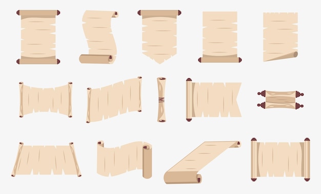 Colección de antiguos rollos de papiro sobre un fondo blanco