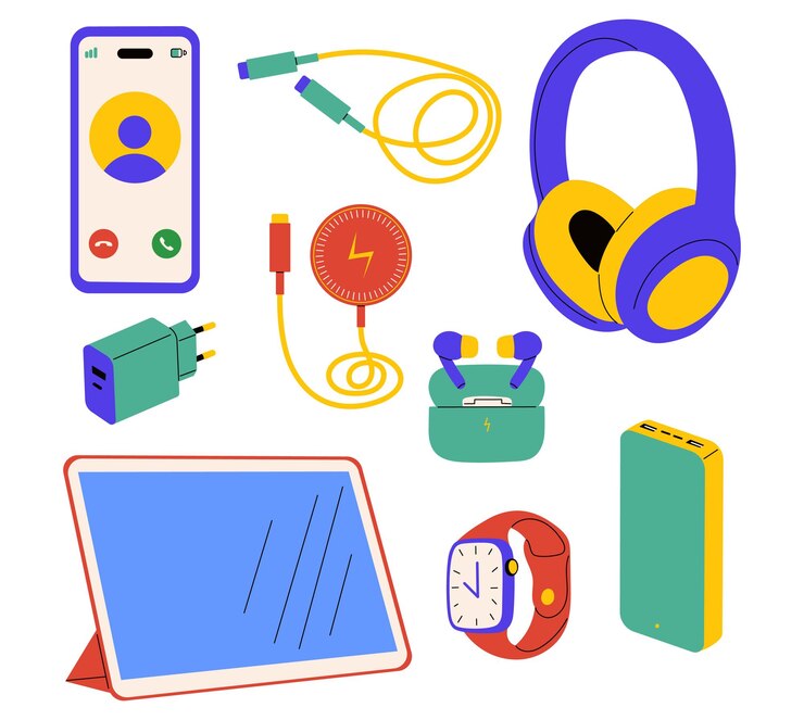 Vector colección de aparatos coloridos y dispositivos digitales para uso diario electrónica vectorial para estilo de vida tecnológico y accesorios modernos