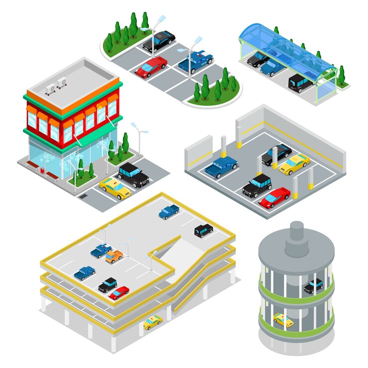 Vector colección de aparcamiento isométrico