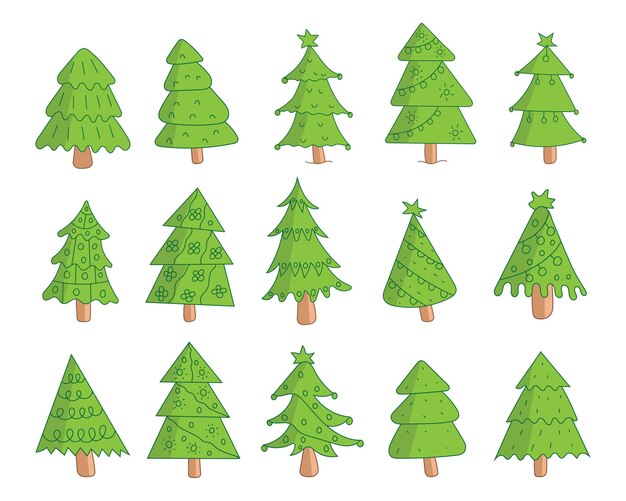 Colección de árbol de navidad feliz dibujado a mano de color verde, conjunto de árbol de navidad