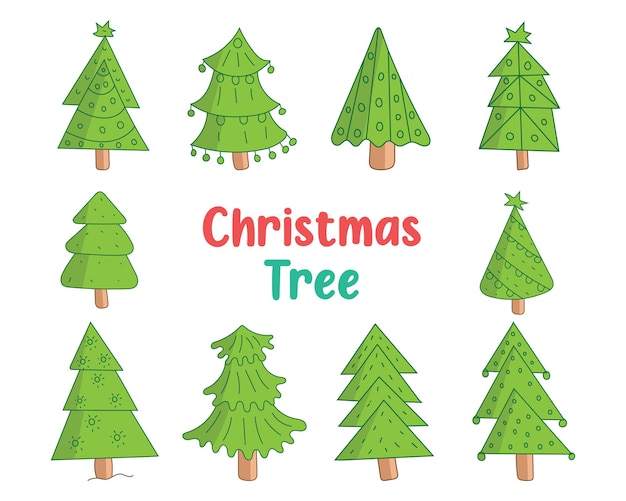 Colección de árbol de navidad feliz dibujado a mano de color verde, conjunto de árbol de navidad