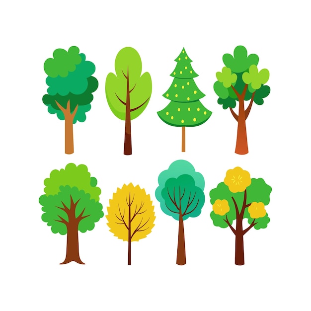 una colección de árboles de diferentes colores y formas