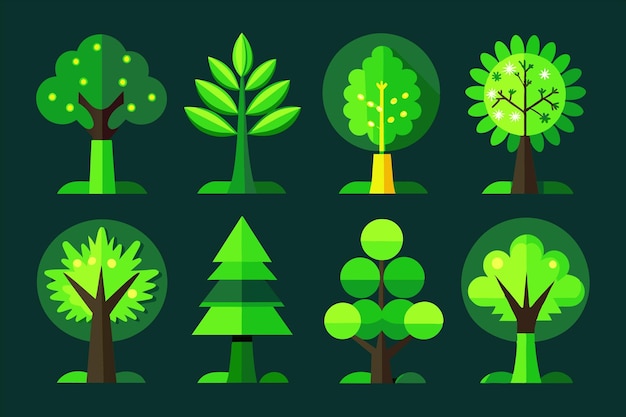 una colección de árboles de diferentes colores y formas