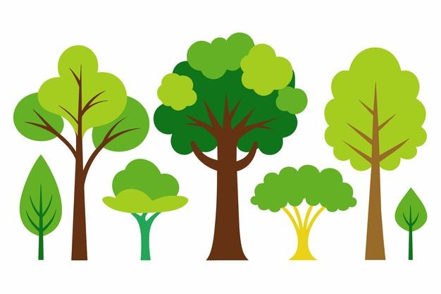 una colección de árboles de diferentes colores y formas